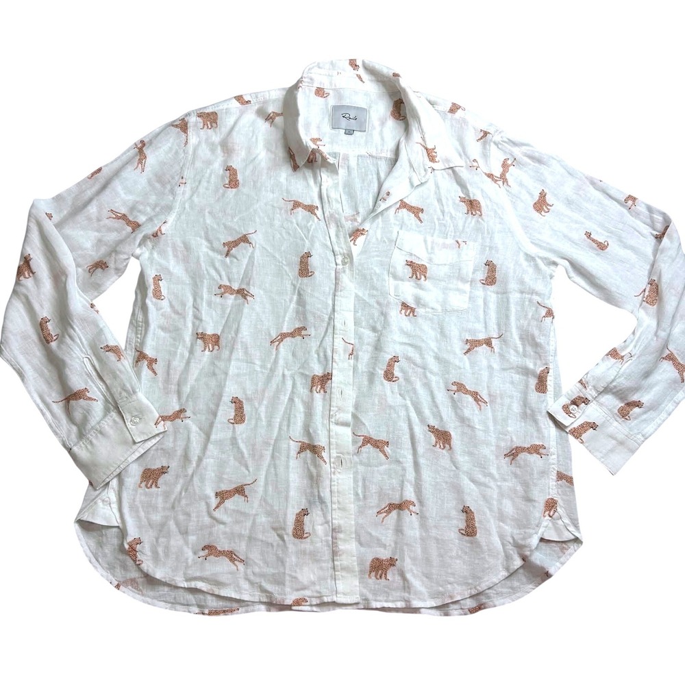 Rails Charli Playful Cheetahs Linen Blend Button Down Shirt White XL
